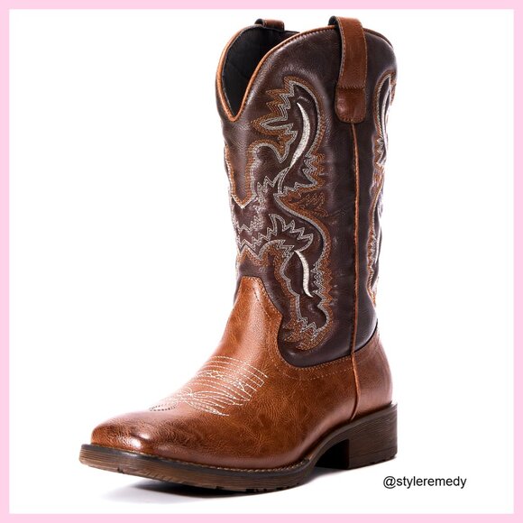 Men's Western Cowboy Boots Square Toe Slip On Slip Resistant Chunky Heel